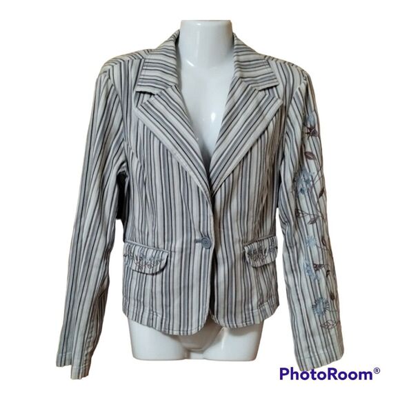 Jones Wear Jeans Striped Embroidered Denim Blazer Jean Jacket Sz 10 - Picture 1 of 14